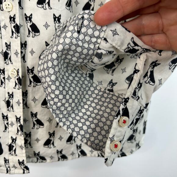 Talbots French Bull Dog Blouse Small Black White Cotton Novelty Print Button Top - Picture 8 of 12